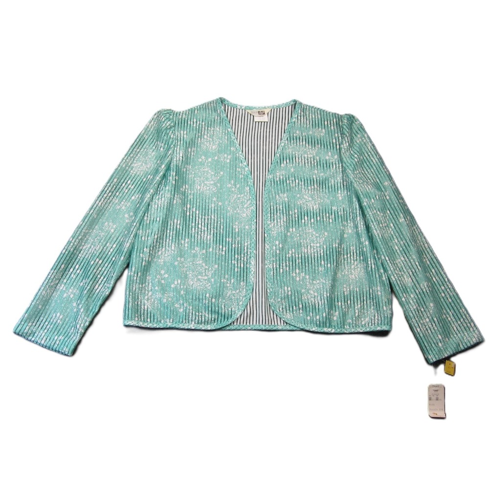 Vtg Sears Jacket‎ Womens 20 Aqua White Stripe Floral Sheer Open Front Retro Glam